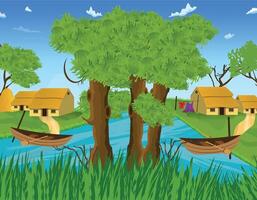 Village cartoon background illustration with with trees and a river in the background. vector
