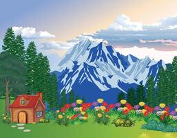 Fantasy forest background with house among mountains vector
