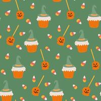 Halloween seamless pattern for Trick or Treat designs. Hand drawn scary lollipops, witchy cupcakes and corn candies. Cute print design for Halloween on green background vector