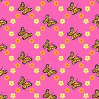 Folk style seamless pattern for Dia de los Muertos holiday. Butterfly in bright color with flowers on pink background. Illustration for textile, wallpaper vector