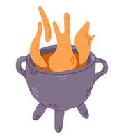Halloween witchy hand drawn cauldron with boiling potion. Cute design for Halloween isolated on white background. Mystical design for autumn holiday. vector