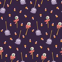 Halloween lollipops seamless pattern with hand drawn scary candies. Creepy lollipops and candy corns. Cute print design for Halloween on dark background vector