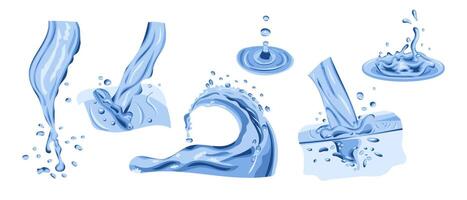 Collection of water pouring flows and water drops in realistic hand drawn style. Splashes of water or other liquid. Waves and drops movement. Nature illustration isolated on white background vector
