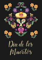 Dia de los Muertos poster with hand drawn square floral composition and sombrero. Calligraphy text. Mexican traditional holiday banner. Floral decorated design for Day of the dead on black background vector