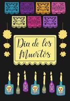 Dia de los Muertos Vertical poster with hand drawn decorated bottles and paper garlands. Calligraphy text. Mexican traditional holiday banner. Holiday design for Day of the dead on black background vector