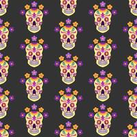 Mexican style Folk seamless pattern for Dia de los Muertos holiday. Decorated skull in bright color on black background. Illustration for textile, wallpaper vector