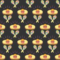 Mexican style seamless pattern for Dia de los Muertos holiday. Decorated maracas with sombrero on black background. vector