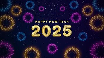 Realistic 2025 number balloon with Brightly Colorful Fireworks on Dark Blue Background with sparkling light vector