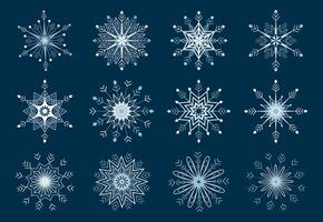 A set of snowflakes of various shapes. Light blue pattern with shades on a dark background. vector