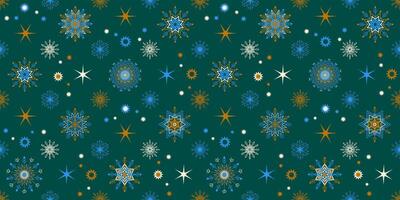 Seamless Christmas pattern. Colored snowflakes and stars on a green background. vector