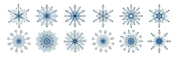 A set of snowflakes of different shapes. Winter decor for your design. Blue pattern with shades on a white background vector