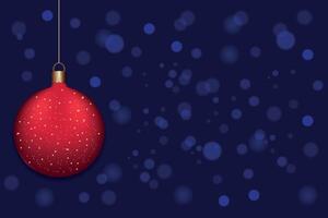Red shiny New Year's ball on a blue background with bokeh effect. vector
