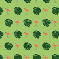 Seamless repeating pattern of green tropical leaves and flamingos. vector