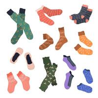 Collection of trendy cotton, woolen, and sports socks with different patterns and textures. isolated flat illustrations on a white background. Clothing, apparel and garments set. vector