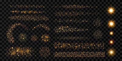 Golden glitter design set with light effect. Isolated strokes, dots, confetti, stars, sunlight, lines, particles on dark background. Abstract luxurious glowing elements for birthday, New Year designs. vector