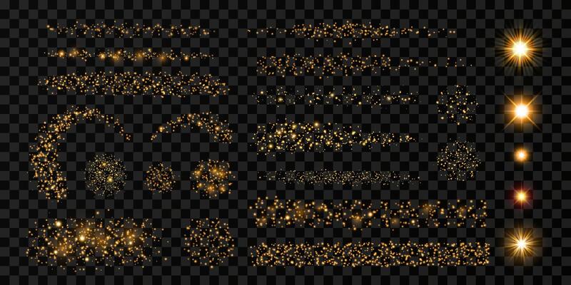 Golden glitter design set with light effect. Isolated strokes, dots, confetti, stars, sunlight, lines, particles on dark background. Abstract luxurious glowing elements for birthday, New Year designs.