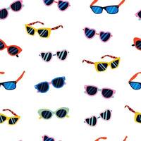 Seamless Pattern with Sunglasses in the Memphis Style. Eye Protection from the Sun. A Bright Background for Summer Designs, Wrapping Paper, Covers, Prints and Textiles. Tile with Accessories. vector