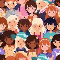Seamless patterns with funny, smiling preschool boys and girls in a flat style. Children of various nationalities, with different hair, skin colors, and diverse outfits. Pattern of a crowd of kids. vector