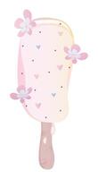 Delicate ice cream with flowers and caramel sprinkles, popsicle on a wooden stick, melting vanilla ice pop, gradient colorful illustration vector