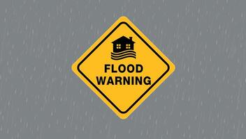 flood warning sign on sky background, caution sign flood sign , clouds and rain vector