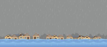 Flood natural disaster with house, heavy rain and storm , damage with home, clouds and rain, flooding water in city, Flooded house. vector
