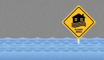 Flood area sign, natural disaster with house, heavy rain and storm, clouds and rain vector