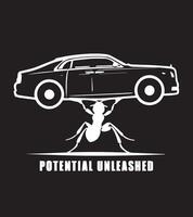 a black t-shirt desig with a ant and a car vector