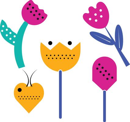 Beautiful colorful abstract floral seamless pattern. Bright summer flowers, rainbow, heart. Flat cartoon background in scandinavian style, simple random shapes in bright childish colors