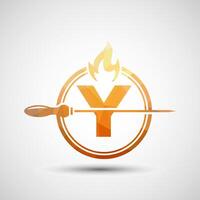 Initial alphabet Y with a skewer and fire flame. Low poly Logo design for Barbecue, Seekh Kebab, etc. vector