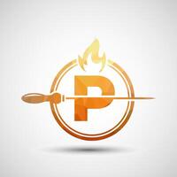 Initial alphabet P with a skewer and fire flame. Low poly Logo design for Barbecue, Seekh Kebab, etc. vector
