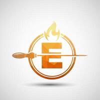 Initial alphabet E with a skewer and fire flame. Low poly Logo design for Barbecue, Seekh Kebab, etc. vector