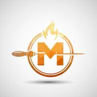 Initial alphabet M with a skewer and fire flame. Low poly Logo design for Barbecue, Seekh Kebab, etc. vector