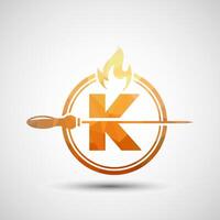 Initial alphabet K with a skewer and fire flame. Low poly Logo design for Barbecue, Seekh Kebab, etc. vector