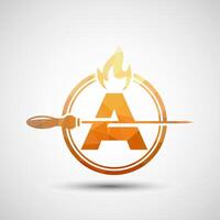 Initial alphabet A with a skewer and fire flame. Low poly Logo design for Barbecue, Seekh Kebab, etc. vector