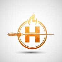 Initial alphabet H with a skewer and fire flame. Low poly Logo design for Barbecue, Seekh Kebab, etc. vector