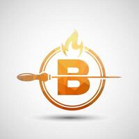 Initial alphabet B with a skewer and fire flame. Low poly Logo design for Barbecue, Seekh Kebab, etc. vector