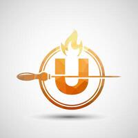 Initial alphabet U with a skewer and fire flame. Low poly Logo design for Barbecue, Seekh Kebab, etc. vector