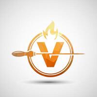 Initial alphabet V with a skewer and fire flame. Low poly Logo design for Barbecue, Seekh Kebab, etc. vector