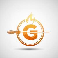 Initial alphabet G with a skewer and fire flame. Low poly Logo design for Barbecue, Seekh Kebab, etc. vector