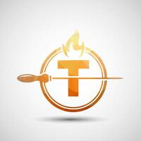 Initial alphabet T with a skewer and fire flame. Low poly Logo design for Barbecue, Seekh Kebab, etc. vector