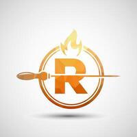 Initial alphabet R with a skewer and fire flame. Low poly Logo design for Barbecue, Seekh Kebab, etc. vector
