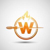 Initial alphabet W with a skewer and fire flame. Low poly Logo design for Barbecue, Seekh Kebab, etc. vector