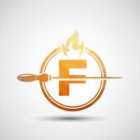 Initial alphabet F with a skewer and fire flame. Low poly Logo design for Barbecue, Seekh Kebab, etc. vector