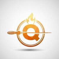 Initial alphabet Q with a skewer and fire flame. Low poly Logo design for Barbecue, Seekh Kebab, etc. vector