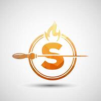 Initial alphabet S with a skewer and fire flame. Low poly Logo design for Barbecue, Seekh Kebab, etc. vector