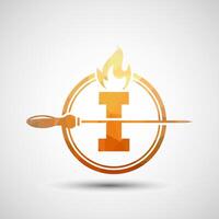Initial alphabet I with a skewer and fire flame. Low poly Logo design for Barbecue, Seekh Kebab, etc. vector