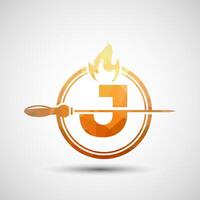 Initial alphabet J with a skewer and fire flame. Low poly Logo design for Barbecue, Seekh Kebab, etc. vector
