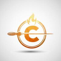 Initial alphabet C with a skewer and fire flame. Low poly Logo design for Barbecue, Seekh Kebab, etc. vector