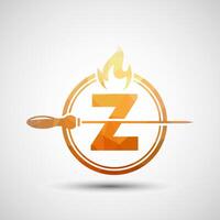 Initial alphabet Z with a skewer and fire flame. Low poly Logo design for Barbecue, Seekh Kebab, etc. vector
