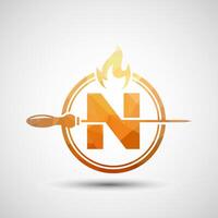 Initial alphabet N with a skewer and fire flame. Low poly Logo design for Barbecue, Seekh Kebab, etc. vector